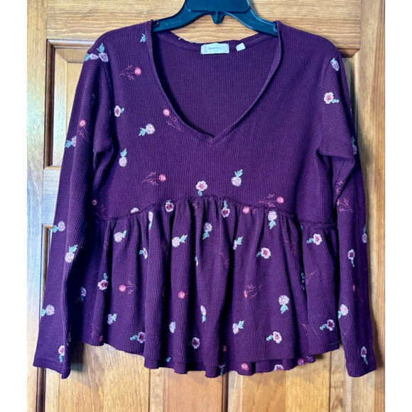 Altar’d State Burgundy Floral Embroidered Peplum Top Size S Long Sleeve - Picture 1 of 7